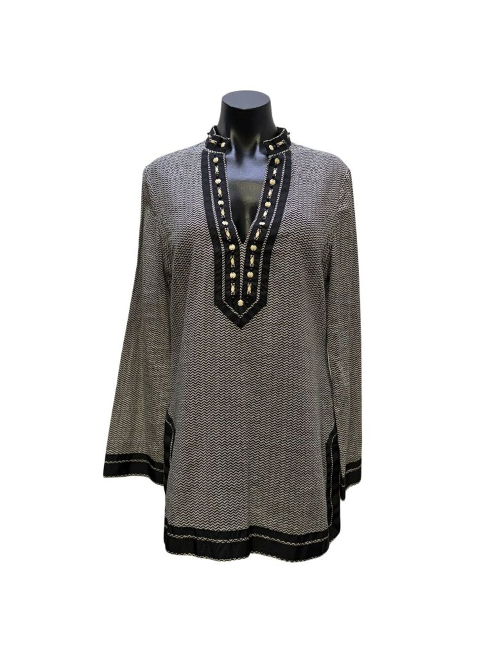 Tory Burch Black & White Chevron Tunic Blouse Size 8